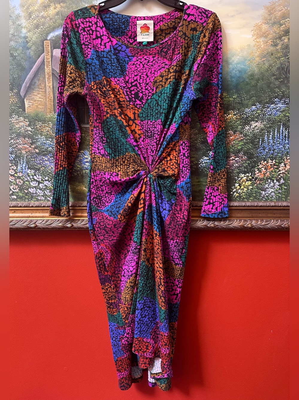Farm Rio Rainbow Hearts Midi Dress Ruched Long Sleeve Size Medium